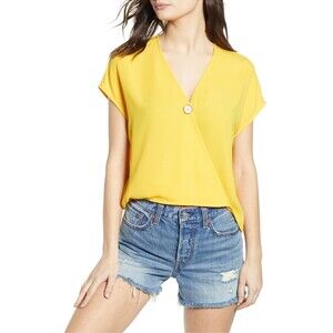 BP Women's Short Sleeve Button Surplice Wrap Blouse Top In Yellow Spectra